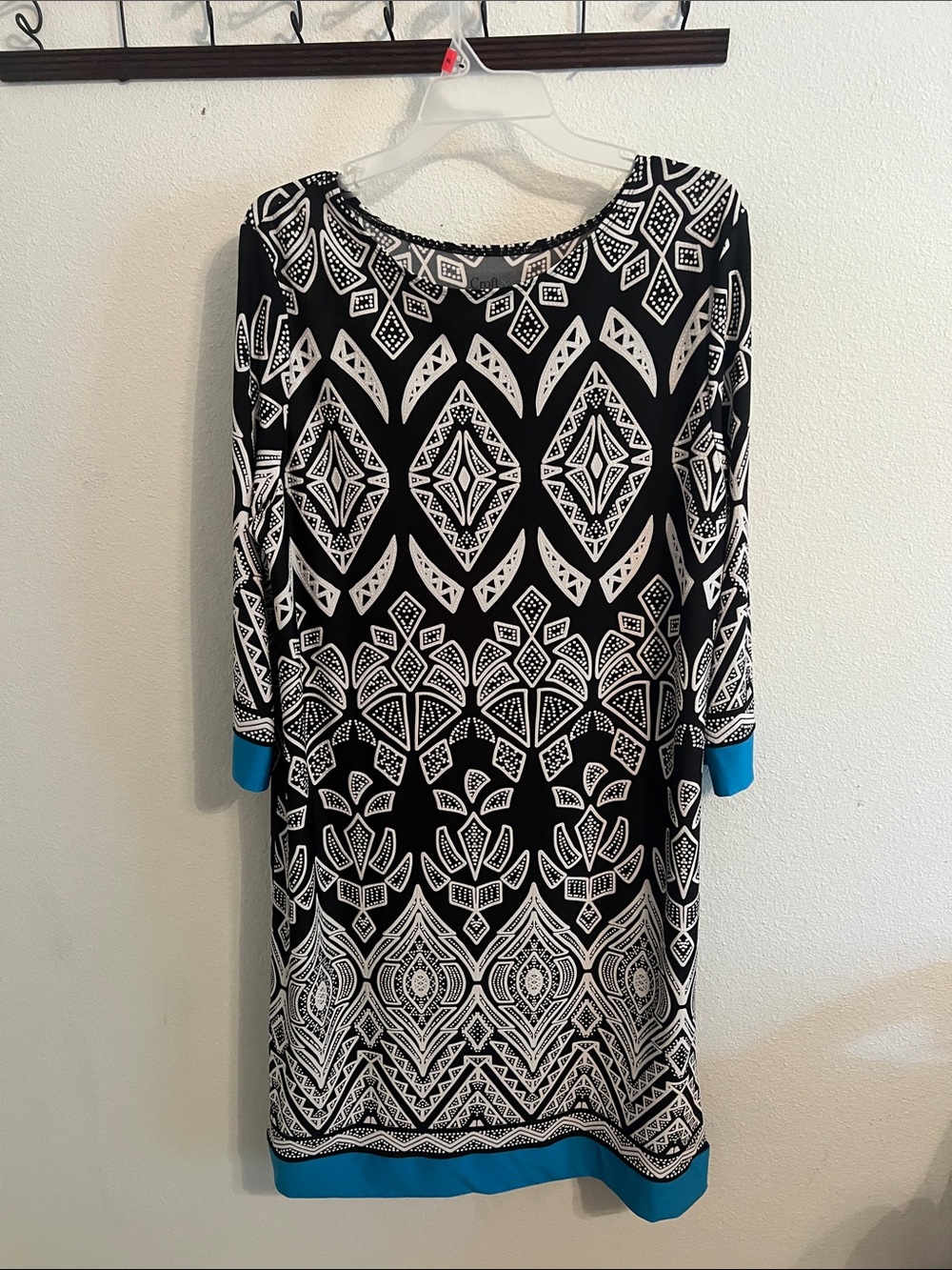 Black & White Geo-Print Shift Dress with Turquoise Trim